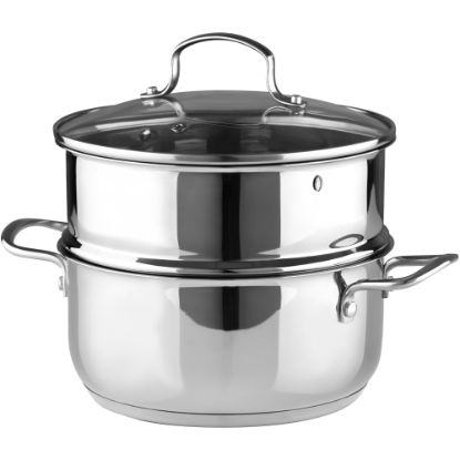 Picture of Bergner Essentials Stainless-Steel Soup Pot With Tempered-Glass Lid And Steamer Insert, 2.6 Qt, Stainless Steel