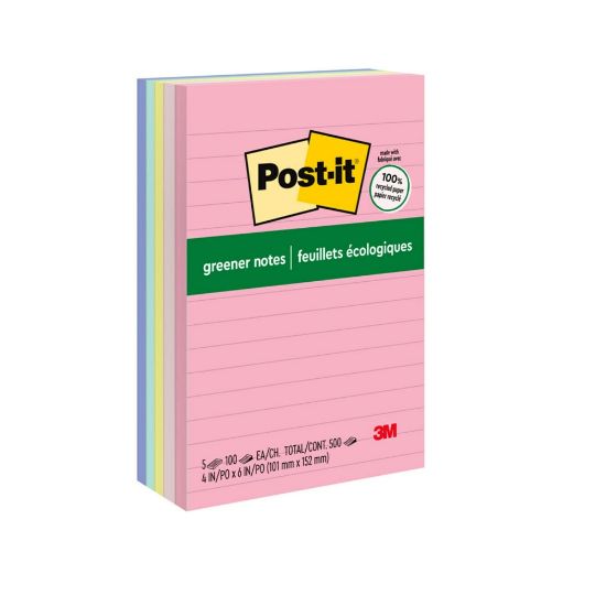 Picture of Post-it Greener Notes, 4 in x 6 in, 5 Pads, 100 Sheets/Pad, Lined, Clean Removal, Back to School Supplies for Students, Sticky Notes for Textbooks and Notebooks, Sweet Sprinkles Collection