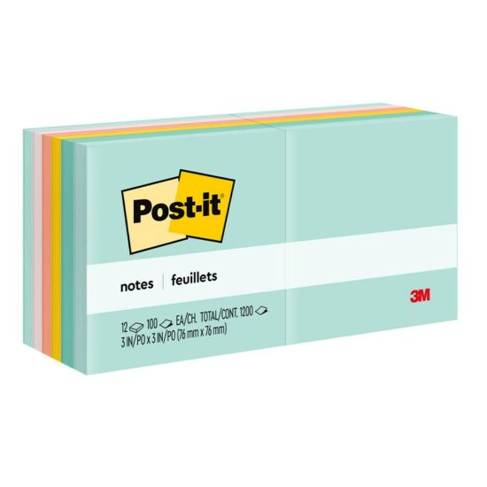 Picture of Post-it Notes, 3 in x 3 in, 12 Pads, 100 Sheets/Pad, Clean Removal, Beachside Cafe Collection