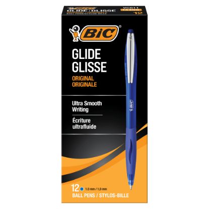 Picture of BIC Glide Retractable Ballpoint Pens, Medium Point, 1.0 mm, Clear Barrel, Blue Ink, Pack Of 12