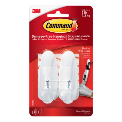 Picture of Command Medium Wire Hooks, Damage-Free, White, Pack of 2 Hooks, 2 Pairs of Strips