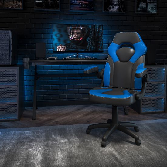 Picture of Flash Furniture X10 Ergonomic LeatherSoft Faux Leather High-Back Racing Gaming Chair With Flip-Up Arms, Blue/Black