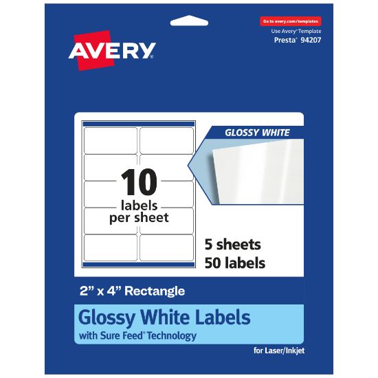 Picture of Avery Glossy Permanent Labels With Sure Feed, 94207-WGP5, Rectangle, 2in x 4in, White, Pack Of 50