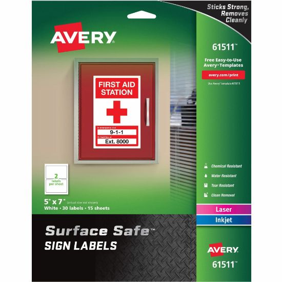 Picture of Avery Surface Safe Sign Labels, 7in x 5in, Rectangle, Pack Of 30