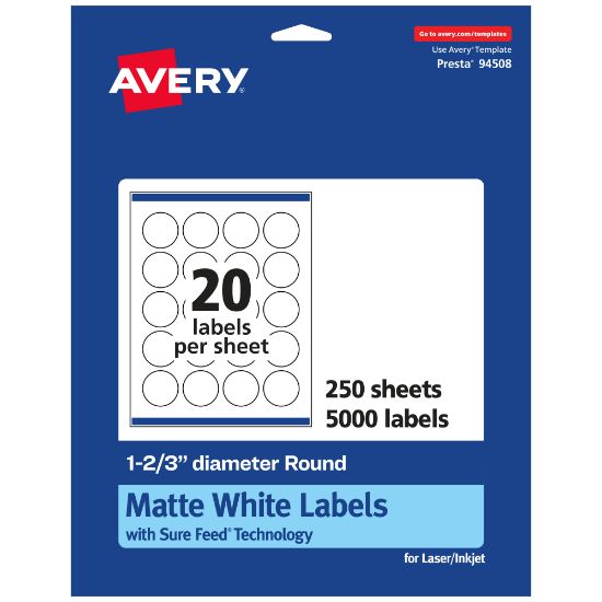 Picture of Avery Permanent Labels With Sure Feed, 94508-WMP250, Round, 1-2/3in Diameter, White, Pack Of 5,000