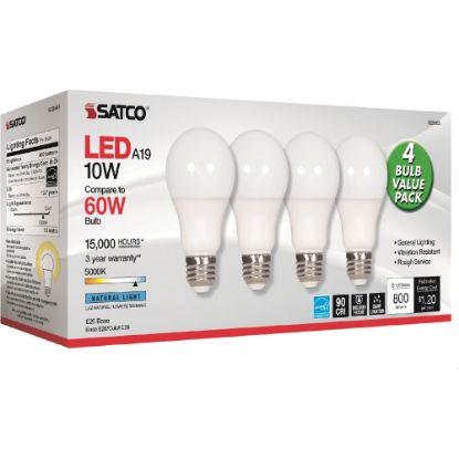 Picture of Satco 10W A19 LED 5000K Light Bulbs - 10 W - 60 W Incandescent Equivalent Wattage - 120 V AC - 800 lm - A19 Size - Frosted White - Natural Light Light Color - E26 Base - 15000 Hour - 8540.3 deg.F (4726.8 deg.C) Color Temperature