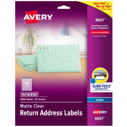 Picture of Avery Matte Return Address Labels With Sure Feed Technology, 8667, Rectangle, 1/2in x 1-3/4in, Clear, Pack Of 2,000