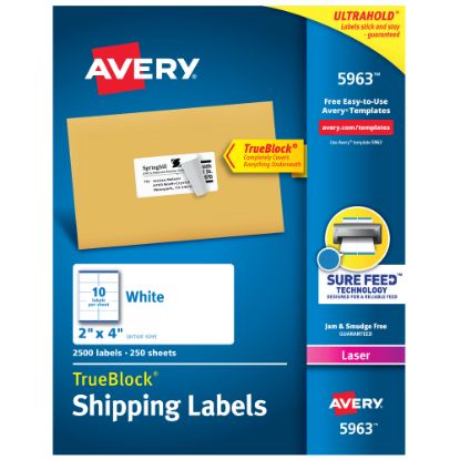 Picture of Avery TrueBlock Shipping Labels With Sure Feed Technology, 5963, Rectangle, 2in x 4in, White, Pack Of 2,500