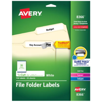 Picture of Avery TrueBlock Permanent File Folder Labels, 8366, 2/3in x 3 7/16in, White, Pack Of 750