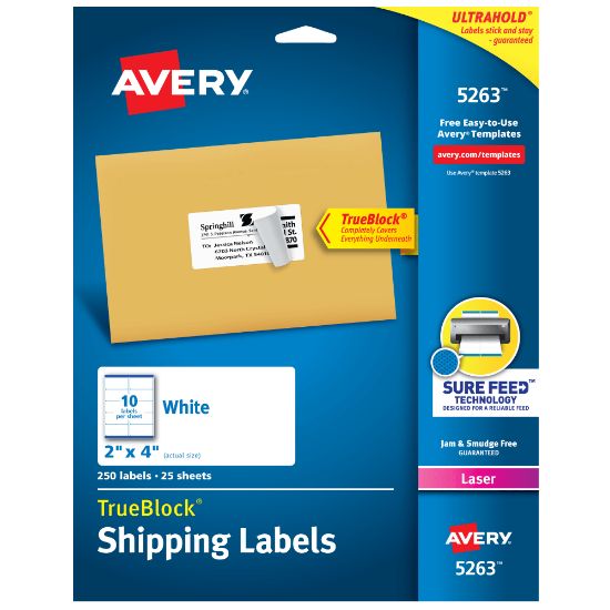 Picture of Avery TrueBlock Shipping Labels With Sure Feed Technology, 5263, Rectangle, 2in x 4in, White, Pack Of 250