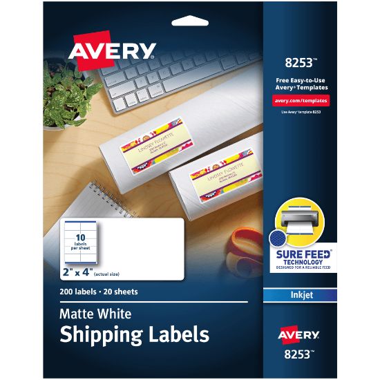 Picture of Avery Shipping Labels With Sure Feed Technology, 8253, Rectangle, 2in x 4in, White, Pack Of 200 Labels