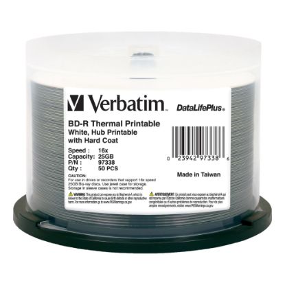 Picture of Verbatim BD-R 25GB 16X DataLifePlus White Thermal Printable, Hub Printable - 50pk Spindle - 50pk Spindle