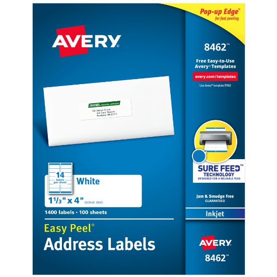 Picture of Avery Easy Peel Address Labels With Sure Feed Technology, 8462, Rectangle, 1-1/3in x 4in, White, Box Of 1,400