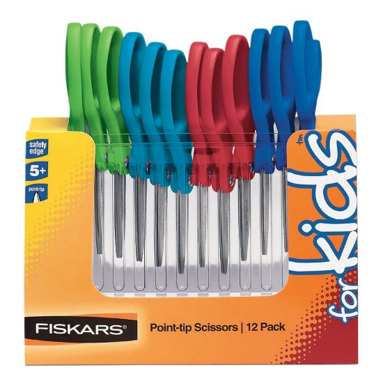 Picture of Fiskars Scissors For Kids, Grades K-5, 5in Pointed, Assorted Colors, Pack Of 12