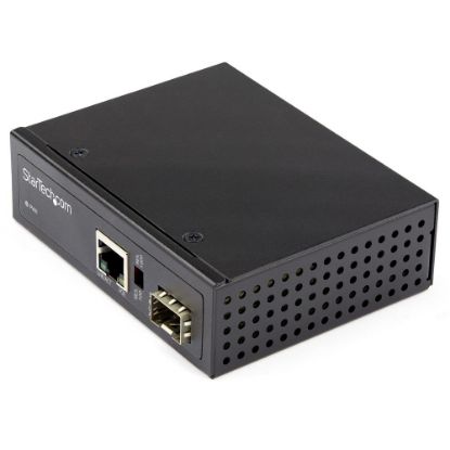 Picture of StarTech.com PoE+ Industrial Fiber to Ethernet Media Converter 60W - SFP to RJ45 - SM/MM Fiber to Gigabit Copper IP-30 - Fiber to Ethernet media converter extends networks & converts fiber to copper