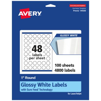 Picture of Avery Glossy Permanent Labels With Sure Feed, 94500-WGP100, Round, 1in Diameter, White, Pack Of 4,800