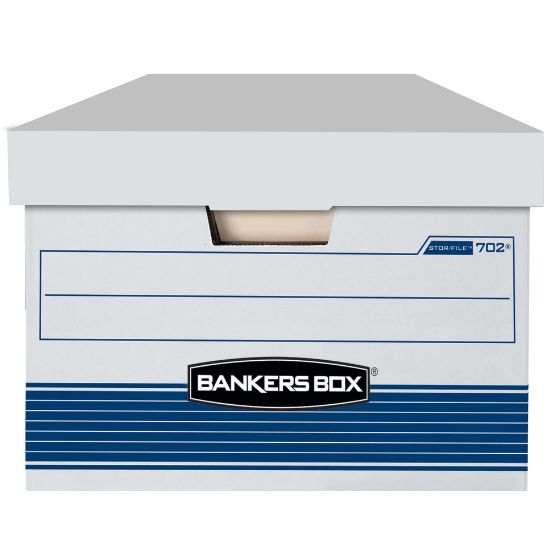 Picture of Bankers Box Stor/File FastFold Medium-Duty Storage Boxes With Locking Lift-Off Lids And Built-In Handles, Legal Size, 24D x 15in x 10in, 60% Recycled, White/Blue, Case Of 4