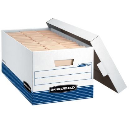 Picture of Bankers Box Stor/File Medium-Duty Storage Boxes With Locking Lift-Off Lids And Built-In Handles, Letter Size, 24in x 12in x 10in, 60% Recycled, White/Blue, Case Of 4, 70107