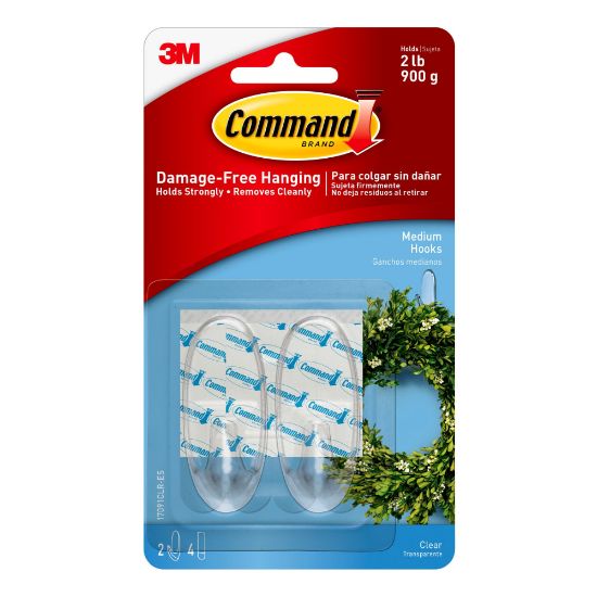 Picture of Command Medium Plastic Hooks, 2 Command Hooks, 4 Command Strips, Damage Free Hanging of Dorm Room Decorations, Clear