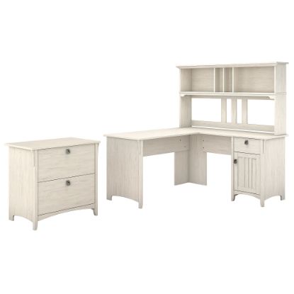 Picture of Bush Furniture Salinas 60inW L Shaped Desk with Hutch and Lateral File Cabinet, Antique White, Standard Delivery