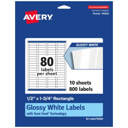 Picture of Avery Glossy Permanent Labels With Sure Feed, 94203-WGP10, Rectangle, 1/2in x 1-3/4in, White, Pack Of 800