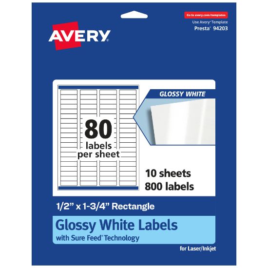 Picture of Avery Glossy Permanent Labels With Sure Feed, 94203-WGP10, Rectangle, 1/2in x 1-3/4in, White, Pack Of 800