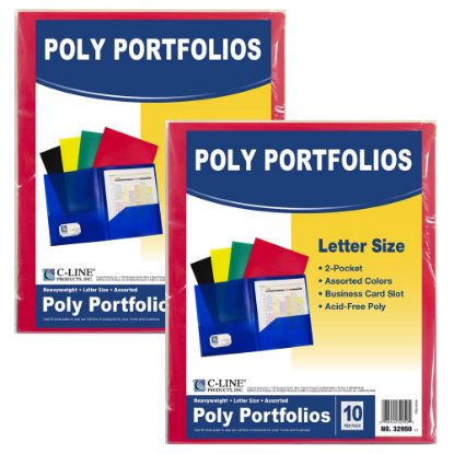 Picture of C-Line 2-Pocket Poly Portfolios, 8-1/2in x 11in, Primary Colors, 10 Folders Per Pack, Set Of 2 Packs