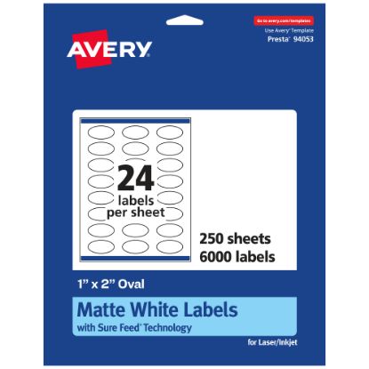 Picture of Avery Permanent Labels With Sure Feed, 94053-WMP250, Oval, 1in x 2in, White, Pack Of 6,000