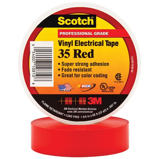 Picture of 3M 35 Color-Coded Vinyl Electrical Tape, 1.5in Core, 0.75in x 66ft, Red, Pack Of 10