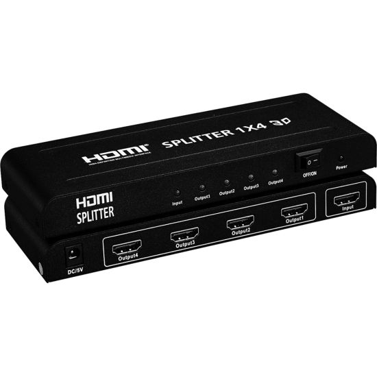 Picture of 4XEM 4 Port high speed HDMI video splitter fully supporting 1080p, 3D for Blu-Ray, gaming consoles and all other HDMI compatible devices - 4XEM 1080p/3D 1 HDMI in 4 HDMI out video splitter and amplifier with LED indicators for connection and power