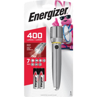 Picture of Energizer Vision HD Performance Metal Flashlight with Digital Focus - LED - 400 lm Lumen - 2 x AA - Battery - Metal - Water Resistant - Chrome - 1 Each