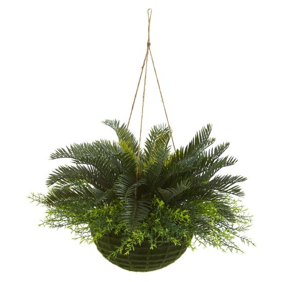 Picture of Nearly Natural Cycas 13inH Artificial Indoor/Outdoor Plant With Mossy Hanging Basket, 13inH x 17inW x 17inD, Green