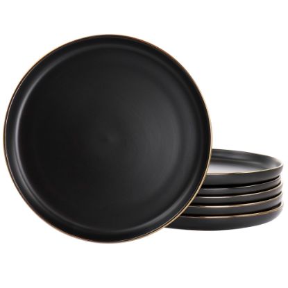 Picture of Elama Paul 6-Piece Round Stoneware Dinner Plate Set, 10-3/4in, Matte Black/Gold