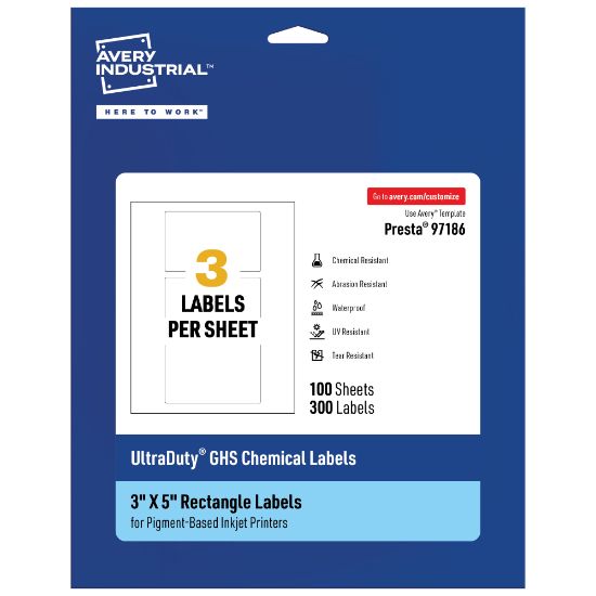 Picture of Avery Ultra Duty Permanent GHS Chemical Labels, 97186-WMUI100, Rectangle, 3in x 5in, White, Pack Of 300