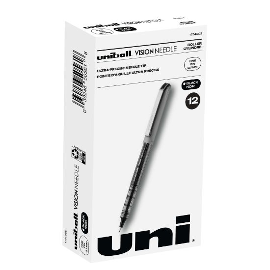 Picture of uni-ball Vision Needle Liquid Ink Rollerball Pens, Fine Point, 0.7 mm, Gray Barrel, Black Ink, Pack Of 12