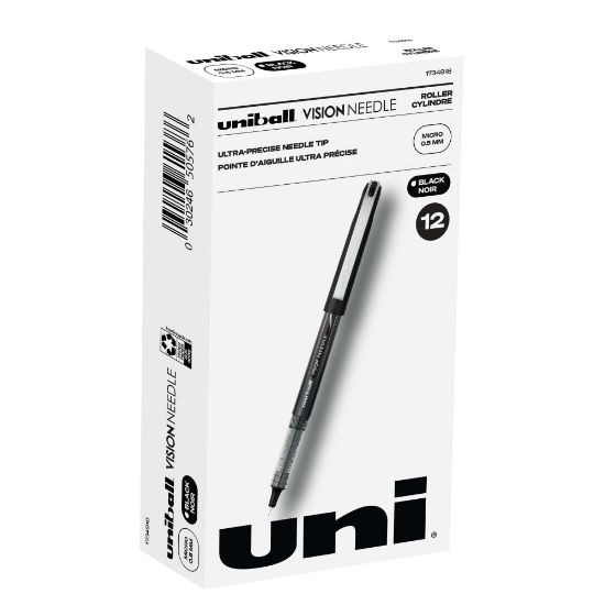 Picture of uni-ball Vision Needle Liquid Ink Rollerball Pens, Micro Point, 0.5 mm, Black Barrel, Black Ink, Pack Of 12