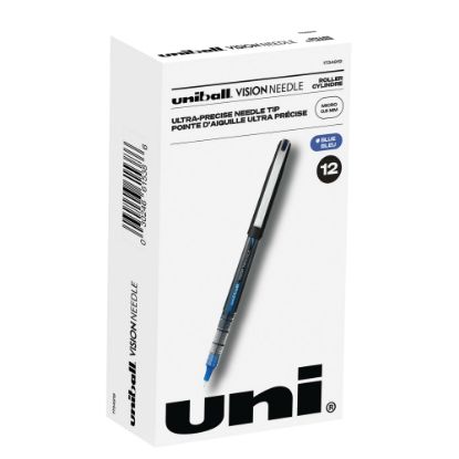 Picture of uni-ball Vision Needle Liquid Ink Rollerball Pens, Micro Point, 0.5 mm, Black Barrel, Blue Ink, Pack Of 12