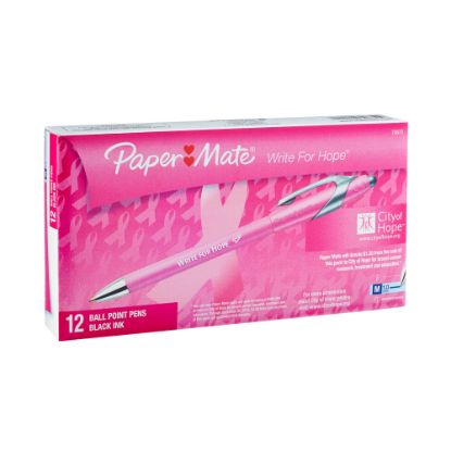 Picture of Paper Mate FlexGrip Elite Retractable Ballpoint Pens, The Write For Hope, Medium Point, 1.0 mm, Pink Barrel, Black Ink, Box Of 12 Pens