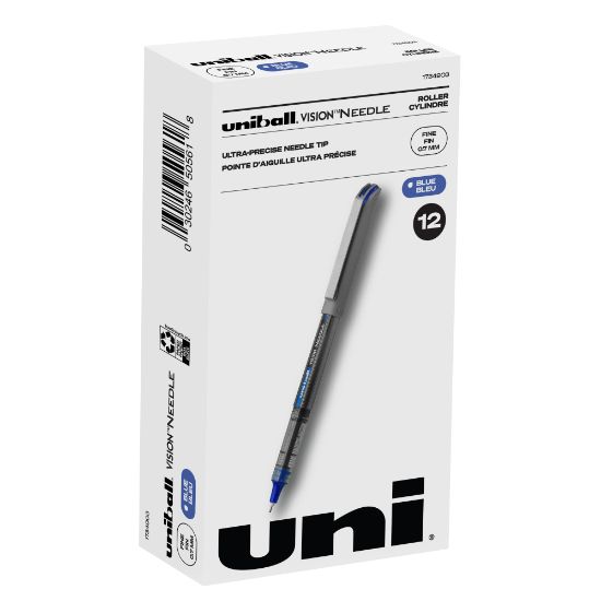 Picture of uni-ball Vision Needle Liquid Ink Rollerball Pens, Fine Point, 0.7 mm, Gray Barrel, Blue Ink, Pack Of 12