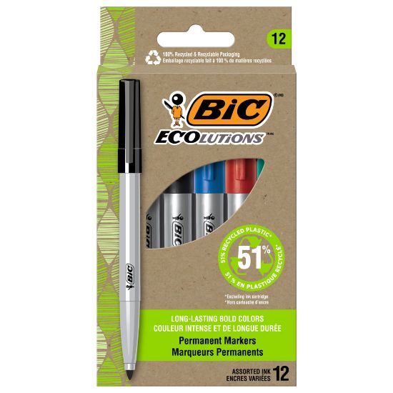 Picture of BIC Ecolutions Permanent Markers, Fine Point, 51% Recycled, Silver Barrels, Assorted Ink, Pack Of 12 Markers