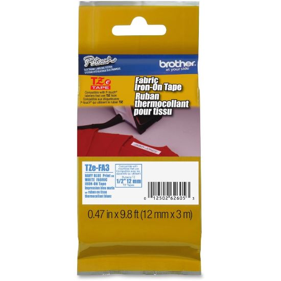 Picture of Brother TZeFA3 Ptouch Iron-On Tape - 15/32in Width x 118 7/64in Length - Thermal Transfer - White, Navy Blue - 1 Each