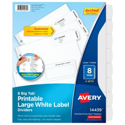 Picture of Avery Big Tab Printable Large Label Dividers With Easy Peel, 8 1/2in x 11in, 8 Tab, White, Pack Of 4