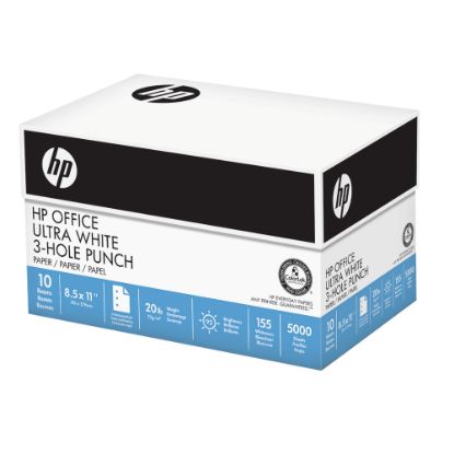 Picture of HP Office 3-Hole Punched Multi-Use Printer & Copy Paper, Ultra White, Letter (8.5in x 11in), 5000 Sheets Per Case, 20 Lb, 92 Brightness, Case Of 10 Reams