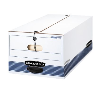 Picture of Bankers Box Stor/File Medium-Duty Storage Boxes With String & Button Closure, Built-In Handles, Legal Size, 24in x 15in x 10in, 60% Recycled, White/Blue, Case Of 12