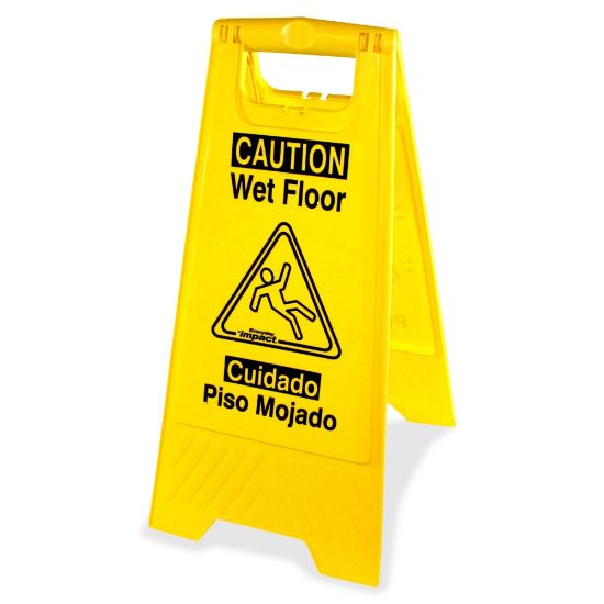 Picture of Genuine Joe Universal Graphic Wet Floor Sign - 6 / Carton - English, Spanish - Wet Floor Print/Message - Foldable - Yellow