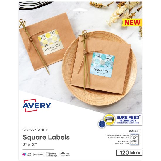 Picture of Avery Printable Square Labels, 22565, 2inW x 2inD, Glossy White, Pack Of 120 Labels