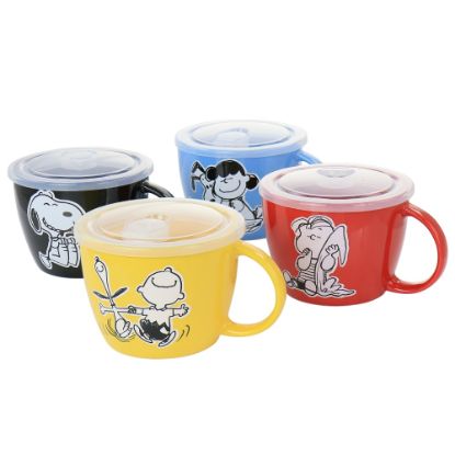 Picture of Gibson Peanuts 70th Anniversary 4-Piece Stoneware Soup Bowl Set With Vented Lids, 23.5 Oz, Assorted Colors