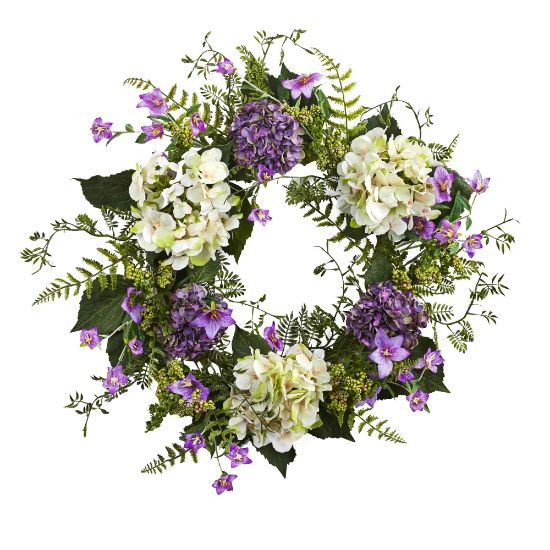 Picture of Nearly Natural Hydrangea Berry 24inH Plastic Wreath, 24inH x 24inW x 3inD, Purple