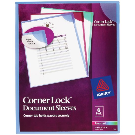 Picture of Avery Corner Lock Document Sleeves, 8-1/2in x 11in, 20 Sheet Capacity, Assorted (Blue, Green, Purple), Pack Of 6