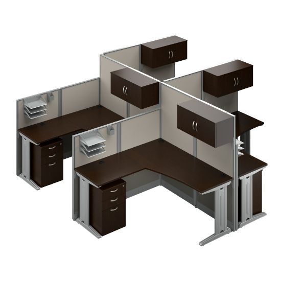 Picture of Bush Business Furniture Office in an Hour 4 Person L Shaped Cubicle Workstations, Mocha Cherry, Standard Delivery